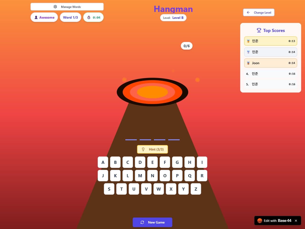 Hangman Champion 실제 게임 화면 — 화산 배경, 알파벳 키보드, Top Scores