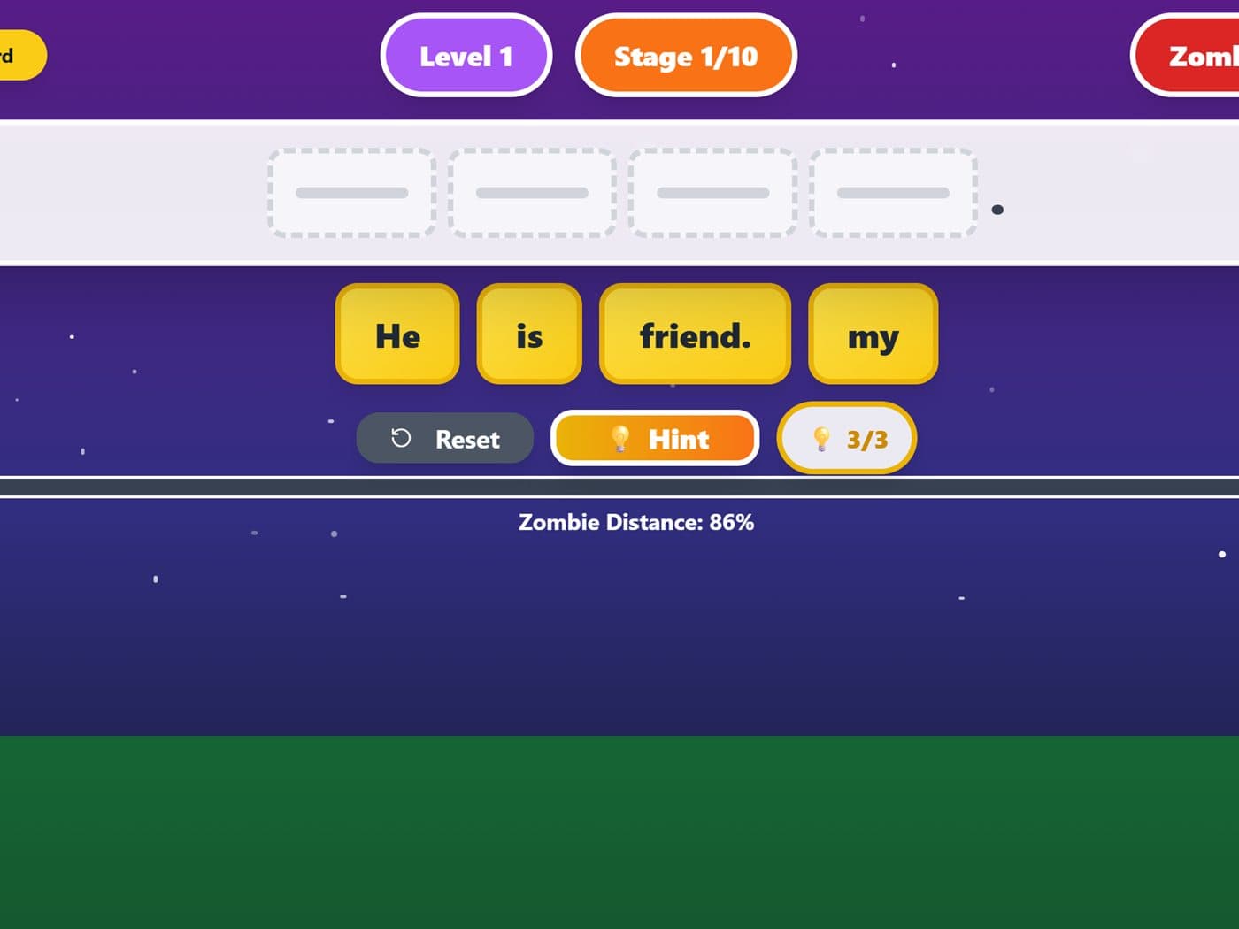 Scramble Adventure 실제 플레이 화면 — He is my friend 단어 블록, 좀비가 다가오는 진행바